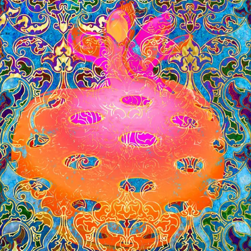 Vibrant abstract artwork featuring a large central pink and orange shape with ornate symmetrical turquoise, gold, purple, green, and red decorative patterns around the edges.
